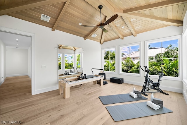 exercise area with wood ceiling, light hardwood / wood-style flooring, ceiling fan, and vaulted ceiling