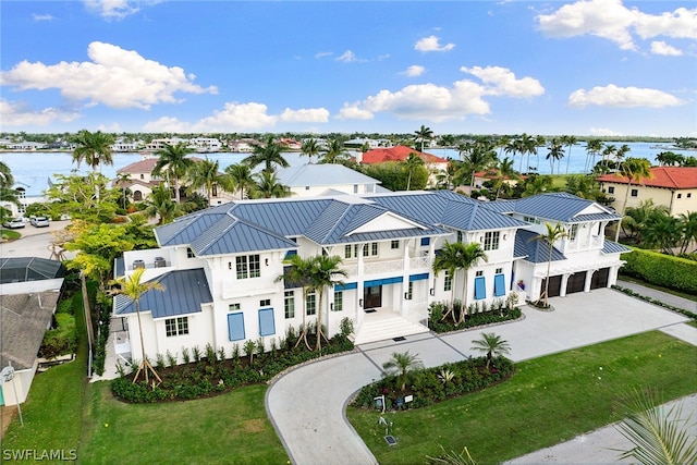 drone / aerial view featuring a water view