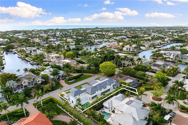 drone / aerial view featuring a water view