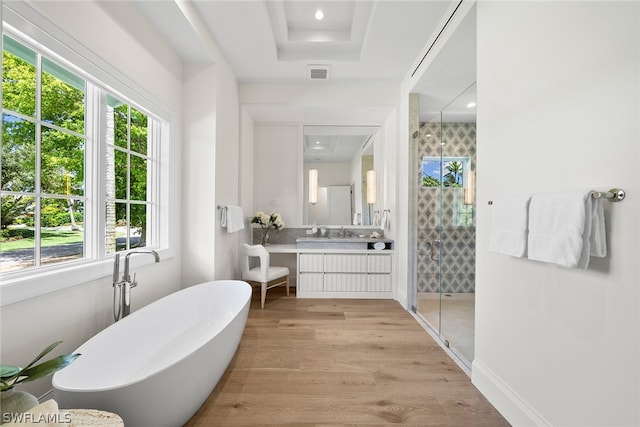 bathroom featuring plus walk in shower, vanity, and hardwood / wood-style flooring