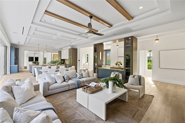 living room featuring light hardwood / wood-style flooring, beam ceiling, ceiling fan, and coffered ceiling