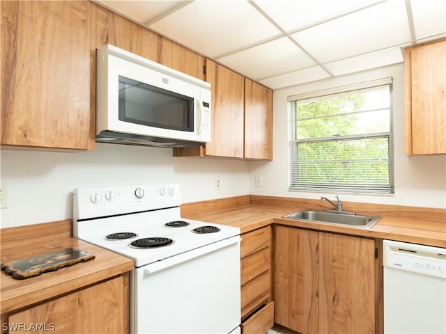 kitchen with butcher block countertops, sink, white appliances, and a drop ceiling