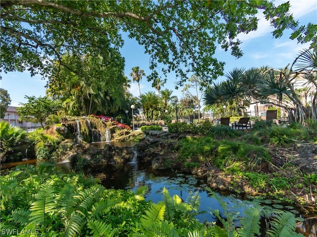 view of community with a garden pond