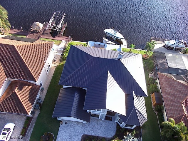 drone / aerial view with a water view