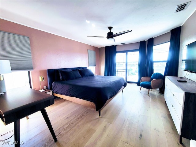 bedroom featuring light wood-type flooring and ceiling fan