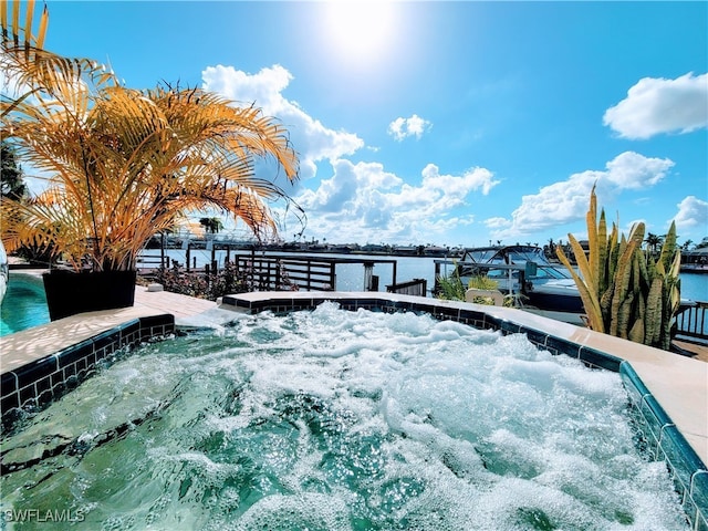 view of pool with a water view and a hot tub