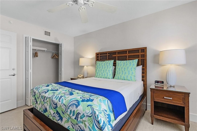 bedroom featuring ceiling fan and a closet