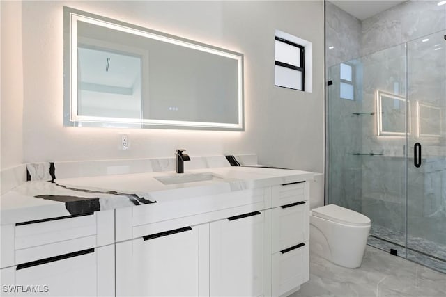 full bathroom with a marble finish shower, marble finish floor, vanity, and toilet