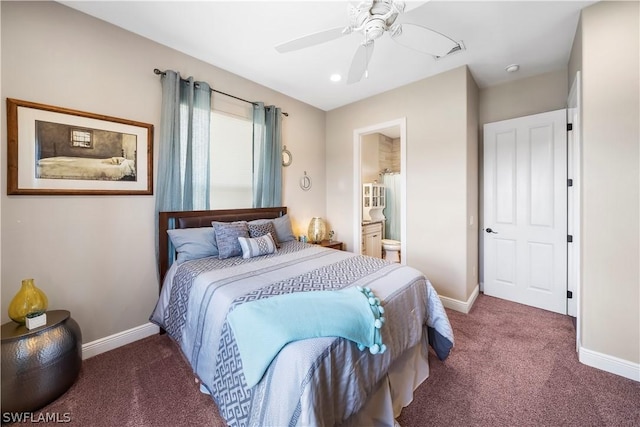 carpeted bedroom featuring ceiling fan and ensuite bathroom