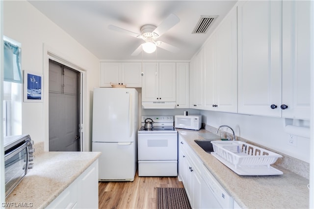 kitchen featuring ceiling fan, white appliances, sink, light hardwood / wood-style flooring, and white cabinets