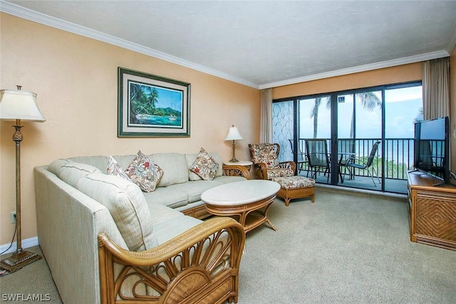 carpeted living room featuring ornamental molding