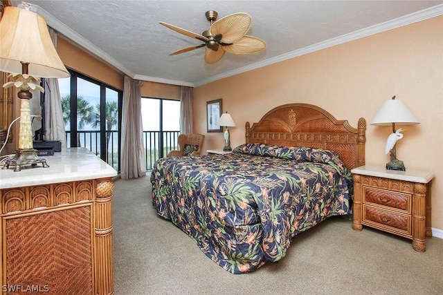 bedroom featuring access to exterior, ceiling fan, crown molding, carpet flooring, and a textured ceiling