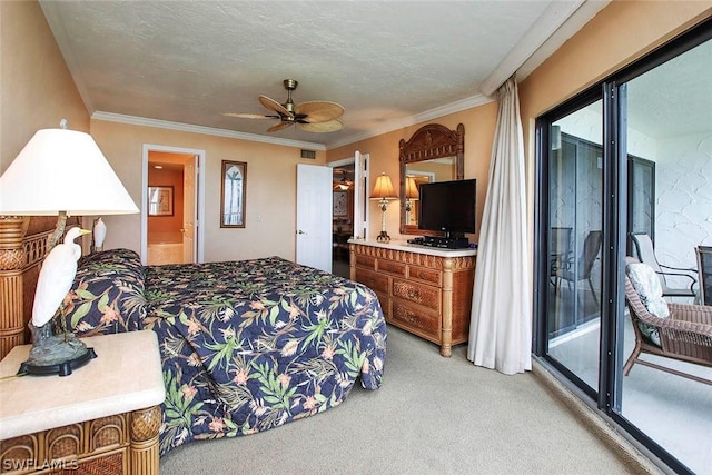 carpeted bedroom featuring access to exterior, ensuite bath, ceiling fan, and crown molding