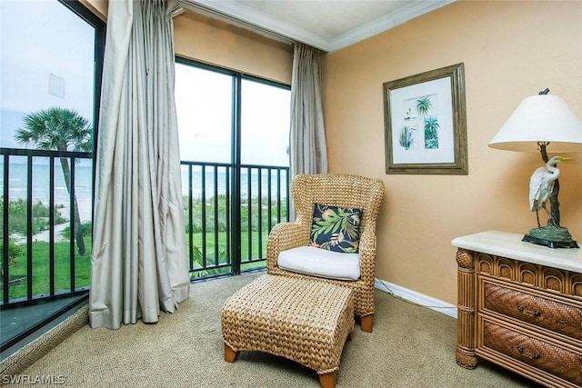 sitting room with light carpet, a water view, and ornamental molding