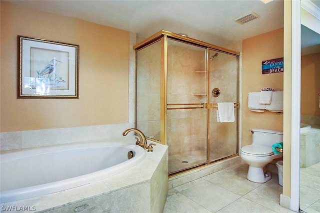 bathroom with shower with separate bathtub, toilet, and tile flooring