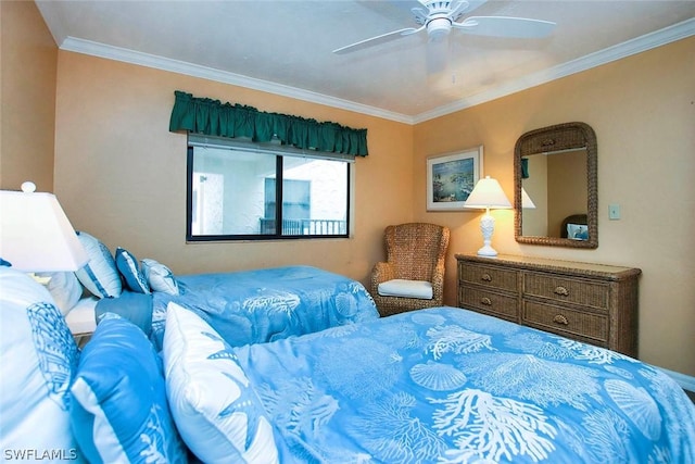 bedroom with crown molding and ceiling fan