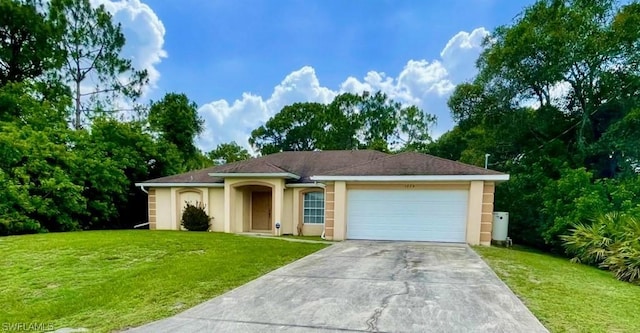 ranch-style home with a front yard and a garage