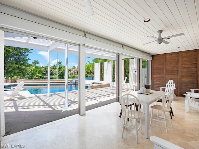 view of swimming pool featuring ceiling fan