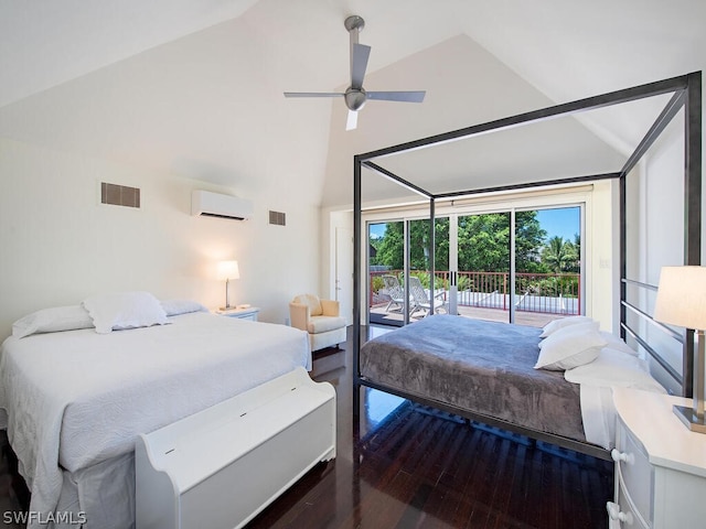 bedroom featuring an AC wall unit, ceiling fan, high vaulted ceiling, access to outside, and dark hardwood / wood-style flooring