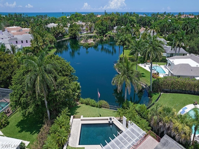 drone / aerial view with a water view