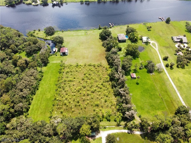 aerial view with a rural view and a water view