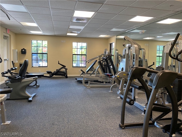 workout area featuring dark carpet and a paneled ceiling