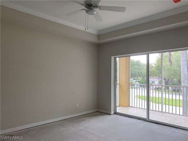 unfurnished room featuring plenty of natural light, ceiling fan, and ornamental molding