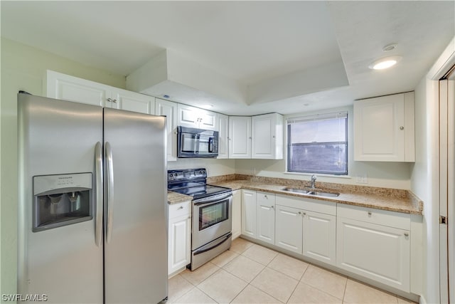 kitchen with white cabinets, range with electric cooktop, stainless steel fridge, and sink