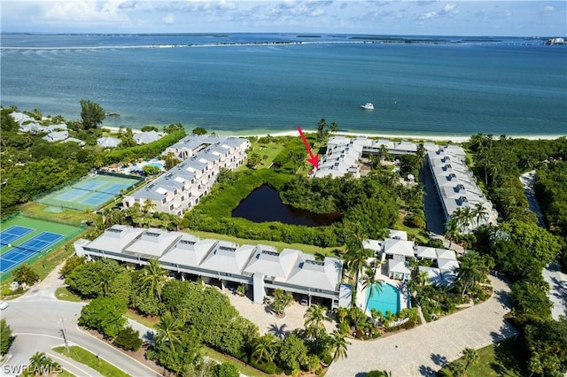 drone / aerial view with a water view