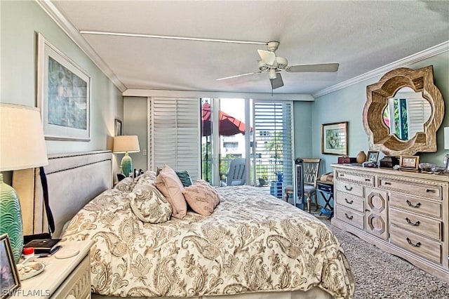 bedroom featuring access to exterior, ceiling fan, crown molding, carpet, and a textured ceiling