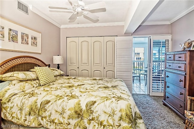 bedroom featuring ceiling fan, access to outside, dark carpet, beam ceiling, and a closet