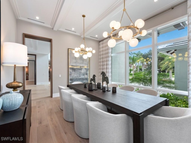 dining room featuring a chandelier, light wood-style flooring, recessed lighting, baseboards, and beam ceiling