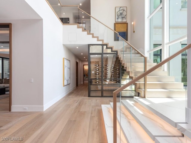 wine cellar with a high ceiling, baseboards, and wood finished floors