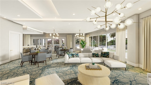 living room with an inviting chandelier, plenty of natural light, baseboards, and recessed lighting