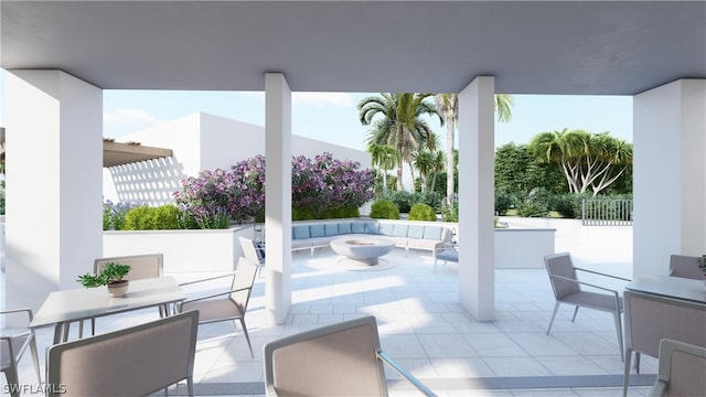 view of patio featuring an outdoor fire pit and a pergola