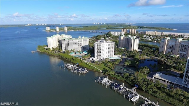 bird's eye view featuring a water view and a city view