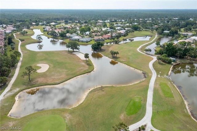 bird's eye view featuring a water view and golf course view