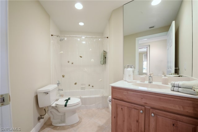 bathroom with tile patterned floors, visible vents, toilet, tub / shower combination, and vanity