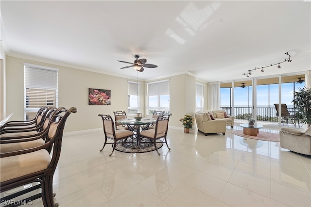 tiled dining space with ornamental molding, track lighting, a wealth of natural light, and ceiling fan