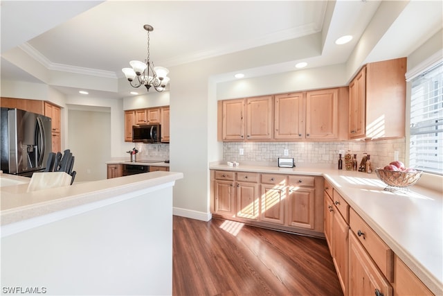 kitchen featuring light brown cabinets, dark wood-style floors, appliances with stainless steel finishes, crown molding, and light countertops