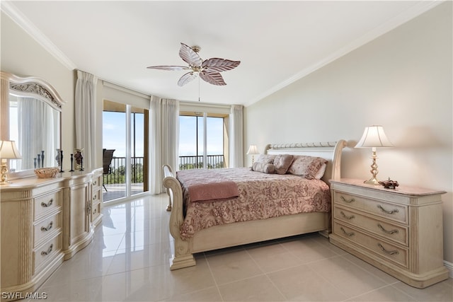 bedroom with access to exterior, crown molding, a ceiling fan, and light tile patterned flooring