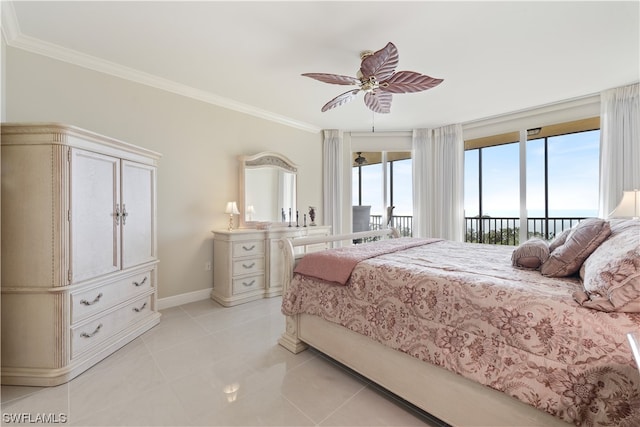 bedroom with light tile patterned floors, a ceiling fan, baseboards, access to exterior, and crown molding