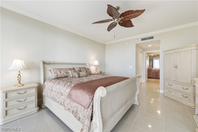 bedroom featuring visible vents, ornamental molding, light tile patterned floors, baseboards, and ceiling fan