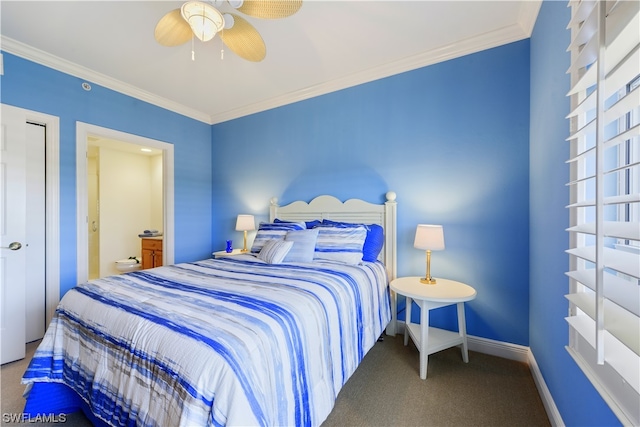 bedroom with baseboards, carpet, ceiling fan, and crown molding