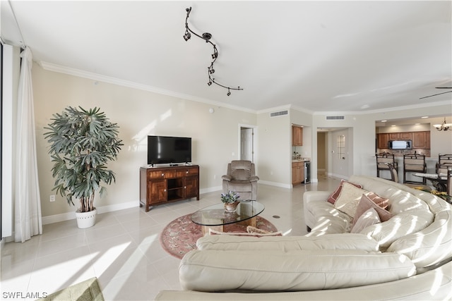 tiled living room featuring ornamental molding