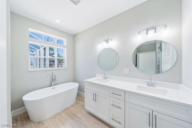 bathroom with a bathtub, vanity, and wood-type flooring