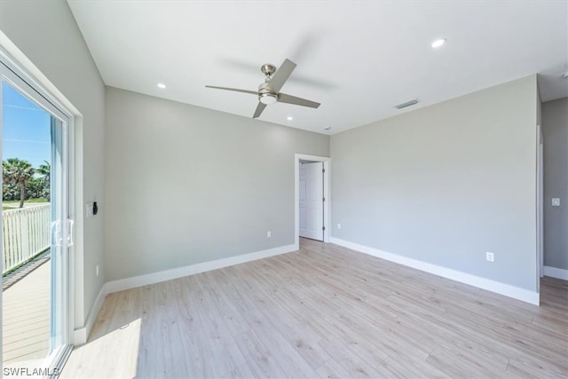 unfurnished room with light hardwood / wood-style floors and ceiling fan