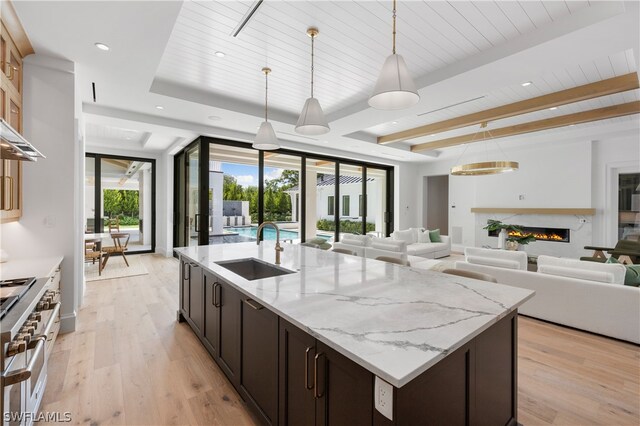 kitchen with high end stainless steel range oven, sink, light hardwood / wood-style flooring, decorative light fixtures, and dark brown cabinetry