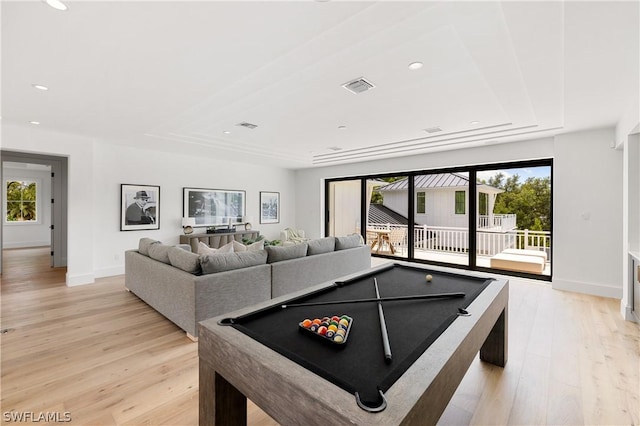 game room featuring light wood-type flooring and billiards