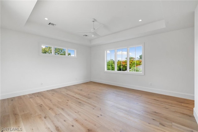 unfurnished room with a healthy amount of sunlight, a raised ceiling, and light hardwood / wood-style flooring